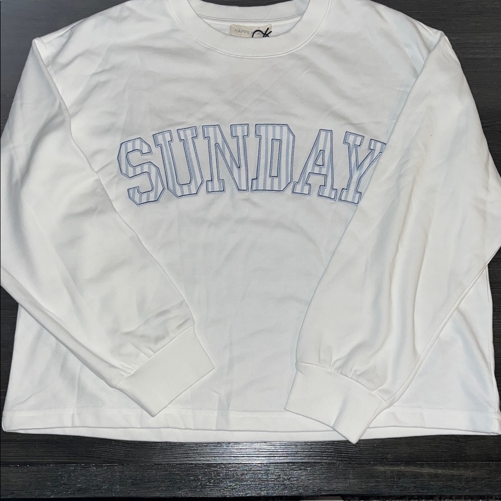 White 'Sunday' Sweatshirt and Striped Shorts Set size large made by happily grey